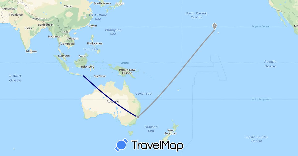 TravelMap itinerary: driving, plane in Australia, Indonesia, United States (Asia, North America, Oceania)